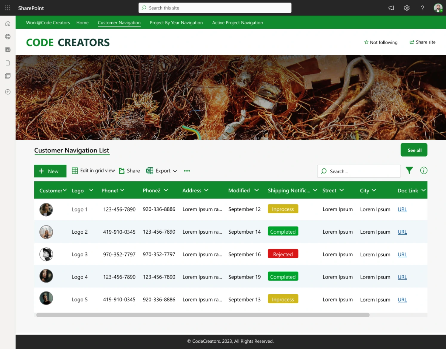 Customer Navigation SharePoint List created by Code Creators