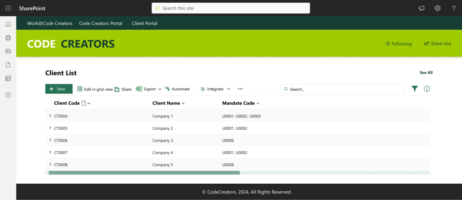 Client SharePoint List Created by Code Creators 
