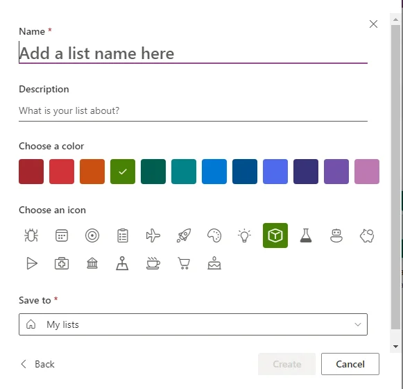 Enter the List Name and Description option