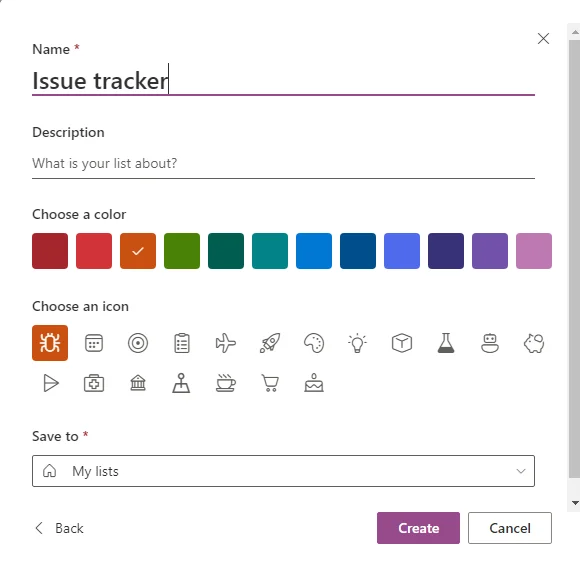 Enter the List Name and Description option