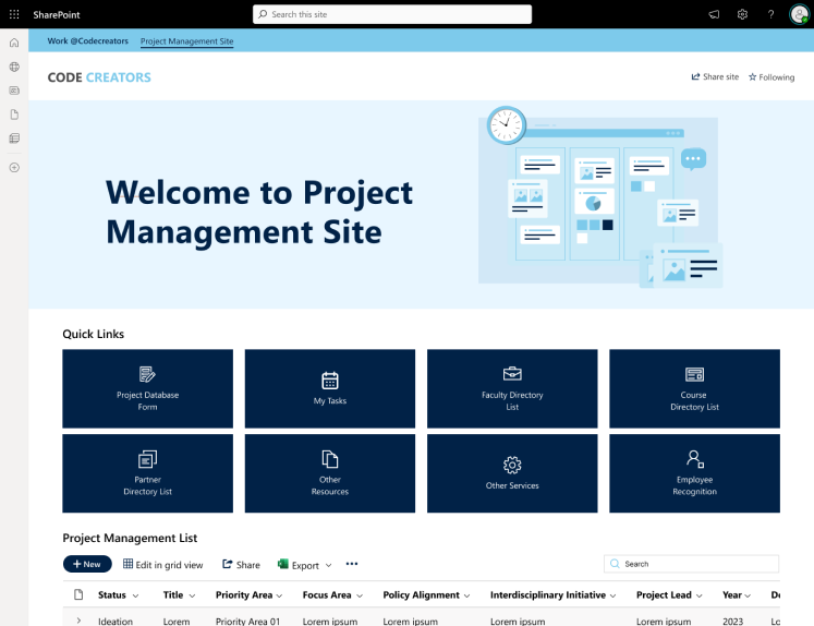 SharePoint project management site created by code creators 