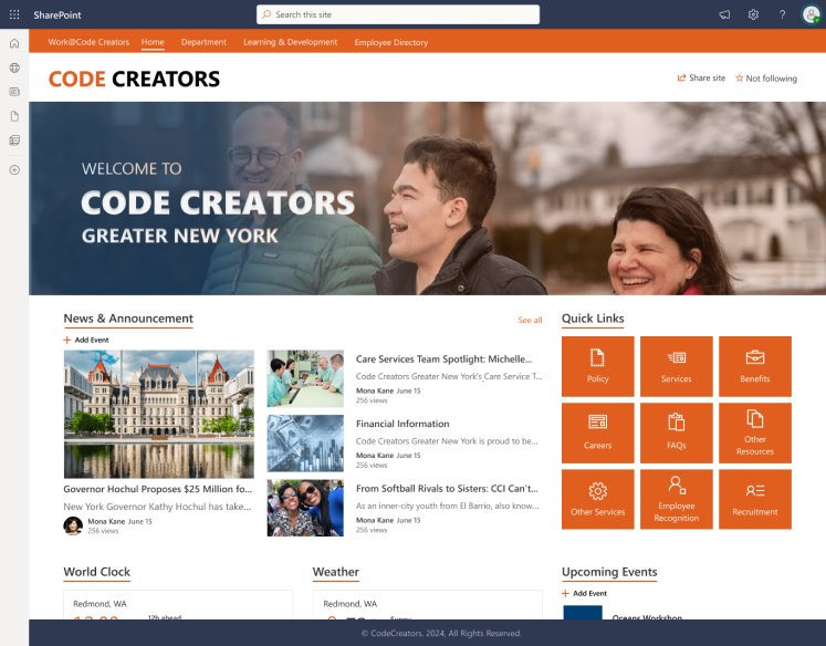 custom SharePoint homepage designed by "Code Creators." The layout features a welcoming banner, a "News & Announcement" section with recent updates, quick links for essential resources like policies, benefits, and recruitment, as well as widgets for world clock, weather, and upcoming events. It's visually appealing and user-focused, serving as a central hub for employee engagement and communication. 