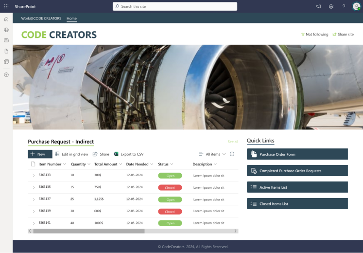 SharePoint site interface featuring a purchase request management system. It includes a visually appealing header, a table for tracking purchase requests with columns for item number, quantity, status, and description, as well as quick links for easy navigation to related forms and lists. 