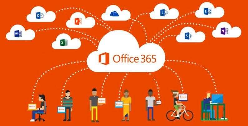 Illustration of Office 365 cloud services connecting various users and Microsoft application