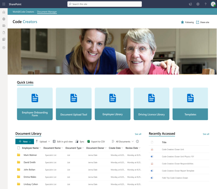A screenshot of a SharePoint site created by code creators displaying a document management system. The interface includes a banner image of two smiling women, quick links to employee-related tools, and a document library listing employee names, document types, and review dates. A 'Recently Accessed' section on the right shows recent document activity.
