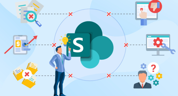 An illustration featuring the SharePoint logo at the center, surrounded by icons representing common misconceptions, such as poor searchability, high costs, complexity, and lack of customization. A person with a lightbulb above their head suggests discovering the truth about SharePoint.