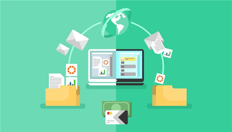 An illustration of digital document management and workflow automation, featuring folders, emails, a laptop screen displaying documents, and a globe symbolizing global connectivity. The image represents data exchange, file sharing, and automated approval processes.