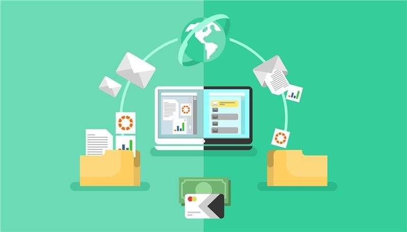 A digital illustration showing cloud-based document sharing with folders, emails, and financial transactions connected to a central laptop.