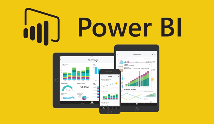 An image showcasing Microsoft Power BI with its logo and analytics dashboards displayed on a tablet, smartphone, and laptop against a bright yellow background.