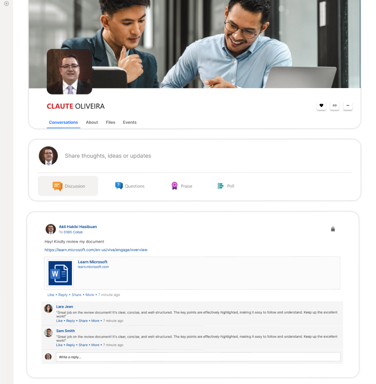 A LinkedIn-style profile page for "CLAUTE OLIVEIRA," showing header images of two people and a feed with discussions and positive comments on a shared document.