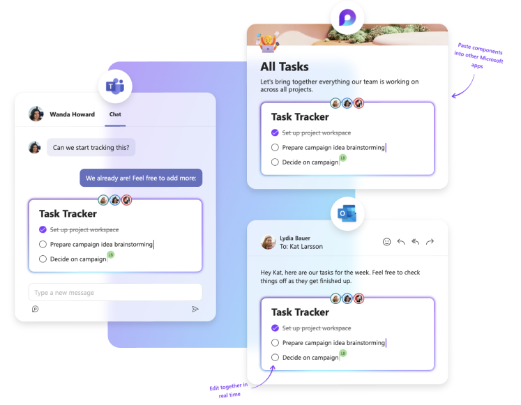 Microsoft Loop Task Tracker used across Teams, Outlook, and Loop app, showing real-time collaborative editing and cross-app syncing.