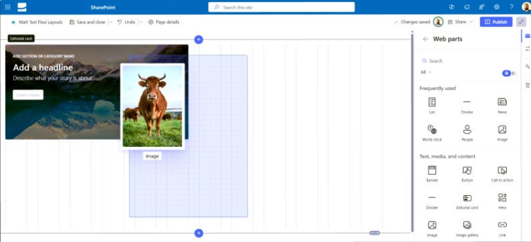 A screenshot of the SharePoint Online page editing interface, showing a page being designed with a 'text overlay' section featuring a cow image and headline 'Add a headline', alongside an individual 'image' web part also displaying a cow. A 'Web parts' panel is open on the right, listing various web parts like List, Divider, News, World clock, People, and Image, under categories like 'Frequently used' and 'Text, media, and content'.