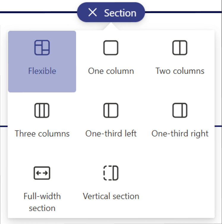 A pop-up menu in SharePoint displaying options for section layouts. The menu is titled 'Section' and shows seven layout choices: 'Flexible' (highlighted in purple), 'One column', 'Two columns', 'Three columns', 'One-third left', 'One-third right', 'Full-width section', and 'Vertical section'.